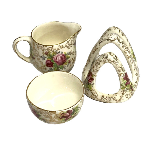 Vintage James Kent Chintz Longton Trellis June Roses Cream Sugar Toast Rack Set - Picture 8 of 9